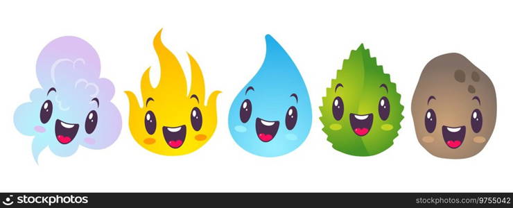 Vector illustration of nature elements in kawaii style. Vector set icons of five elements in chibi style. Water, fire, air, ground and plant.