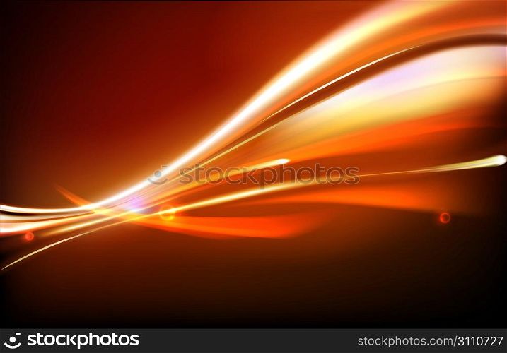 Vector illustration of neon abstract background made of blurred magic orange light curved lines