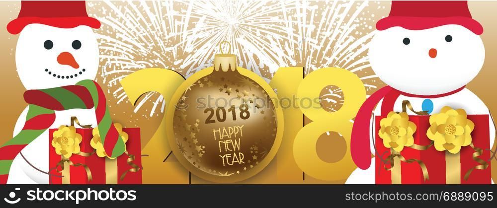 vector illustration of new year 2018 background with christmas gold ball and snowman