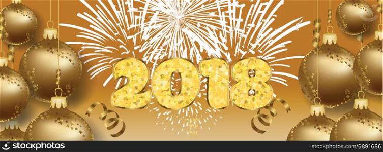 vector illustration of new year 2018 background with christmas gold balls and gift