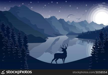 Vector illustration of Night Mountains landscape with deer and stars on the sky