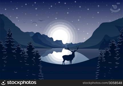 Vector illustration of Night Mountains landscape with deer near a lake and stars on the sky
