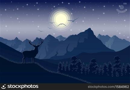Vector illustration of Night mountains landscape with deer on the hills and stars on the sky
