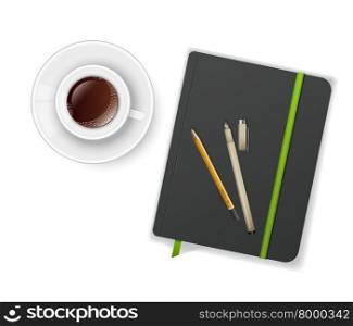 Vector illustration of Notebook with pen and cup of coffee