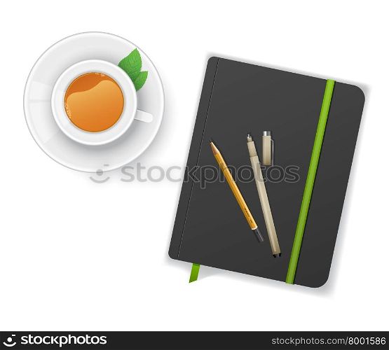 Vector illustration of Notebook with pen and cup of tea