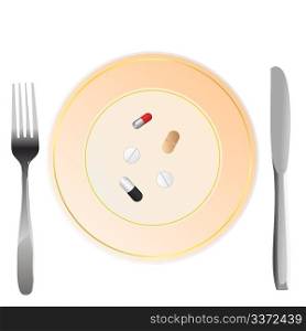 Vector illustration of nutritional care represented by a few pills serving on the plate