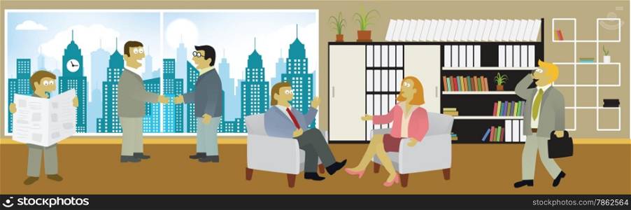 Vector illustration of office in the city with people