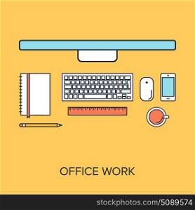 Vector illustration of office work flat line design concept.