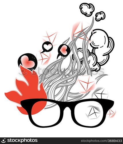 vector illustration of old-fashioned glasses on an abstract background with cartoon fire