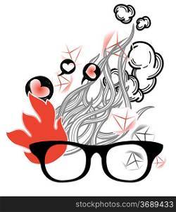 vector illustration of old-fashioned glasses on an abstract background with cartoon fire