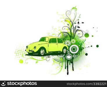 Vector illustration of old green custom Volkswagen Beatle on the Grunge Floral Decorative background