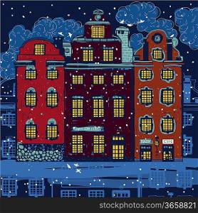 vector illustration of old houses and a winter night