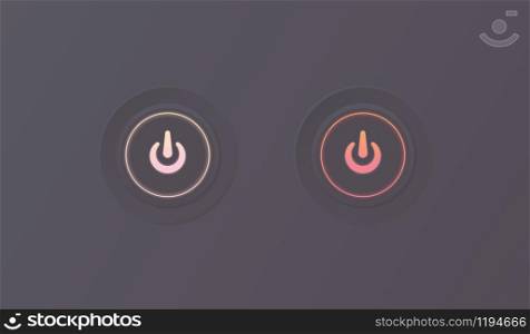 Vector illustration of on and off 3d button icons. Shiny glow effect of a warm yellow and red colors gradient. Push start turn power symbol. Web graphic, switch control computer sign dark background