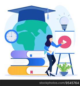 Vector illustration of online education theme and E-learning at home through webinar training. Learn remotely, face to face via screen.