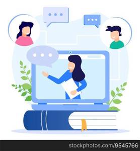 Vector illustration of online education theme and E-learning at home through webinar training. Learn remotely, face to face via screen.