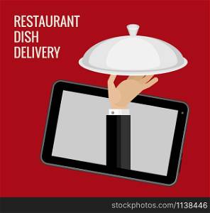 Vector illustration of online ordering and delivery of dishes from the restaurant. Dark red background