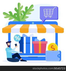 Vector illustration of online shopping concept in app with Smartphone and laptop. Chat messages, delivery, 24 hours and like icons.