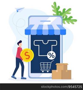 Vector illustration of online shopping concept in app with Smartphone and laptop. Chat messages, delivery, 24 hours and like icons.