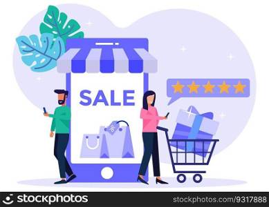 Vector illustration of online shopping concept in social media app. Smartphone with shopping bag, chat message, delivery, 24 hours, and like icon.