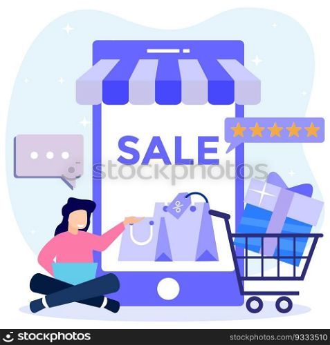 Vector illustration of online shopping concept in social media app. Smartphone with shopping bag, message, delivery, likes icon. suitable for digital store promotion, web and advertising.