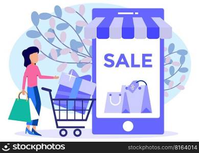 Vector illustration of online shopping concept in social media application. Smartphone with shopping bag, chat message, delivery, 24 hours, and likes icon. suitable for digital shop promotion, web and advertising.