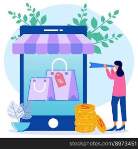 Vector illustration of online shopping concept in social media application. Smartphone with shopping bag, chat message, delivery, 24 hours, and likes icon. suitable for digital shop promotion, web and advertising.