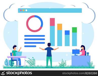 Vector illustration of online work meeting, entrepreneurs having online joint meetings, team thinking and brainstorming, company information analytics.
