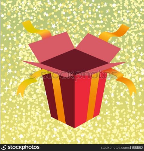 Vector Illustration of open birthday giftbox on the shiny background.