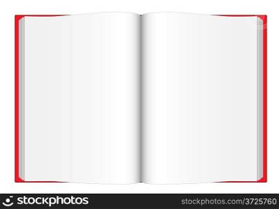 Vector illustration of opened blank book with red cover viewed from top isolated on white background.