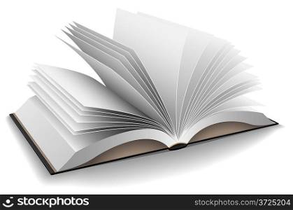 Vector illustration of opened book with hard black cover isolated on white background.