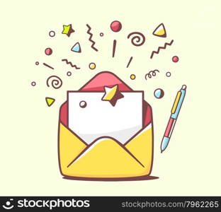 Vector illustration of opened yellow envelope with pen and stars on color background. Hand draw line art design for web, site, advertising, banner, poster, board and print.