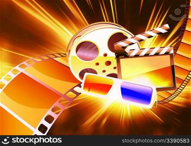 Vector illustration of orange abstract cinema background with anaglyph glasses, clapperboard and a film reel