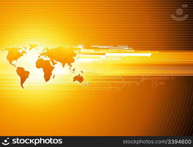 Vector illustration of orange abstract hi-tech Background with Glossy world map