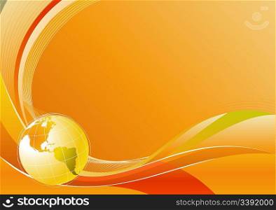 Vector illustration of orange abstract lines background - composition of curved lines and globe