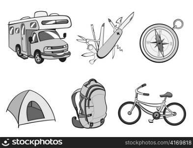 Vector illustration of Outdoor and camping icons. Includes icons of compass, Travel Trailer, penknife, tent, rucksack and bicycle.