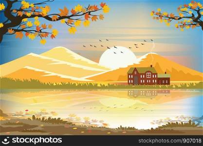 Vector illustration of panorama autumn landscape in countryside with forest trees and leaves fallingPanoramic of farm field with reflection farmhouse and hills on the lake in fall season with yellow