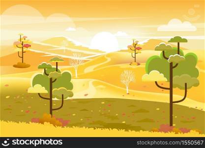 Vector illustration of panorama autumn landscape in english countryside with forest trees and leaves falling,Panoraic of farm field, pumpkin under the tree in fall season with yellow foliage.