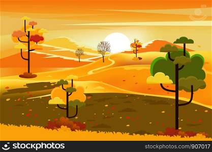 Vector illustration of panorama autumn landscape in english countryside with forest trees and leaves falling, Panoramic of farm field in fall season with yellow foliage.