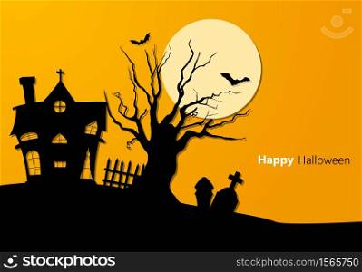 Vector illustration of Paper art illustration of spooky church and tree in graveyard