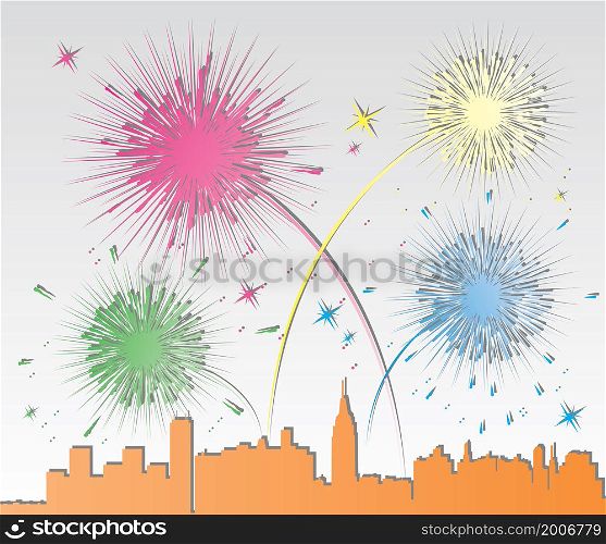 vector illustration of paper fireworks over a city