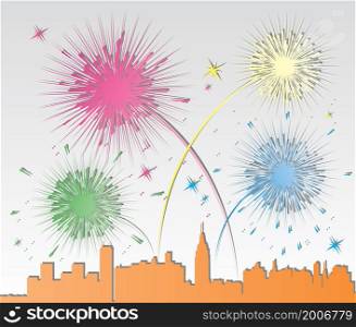 vector illustration of paper fireworks over a city