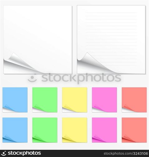 Vector illustration of paper pads in different colors with shadowed curl. Two main versions with lines and without.