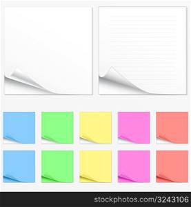 Vector illustration of paper pads in different colors with shadowed curl. Two main versions with lines and without.