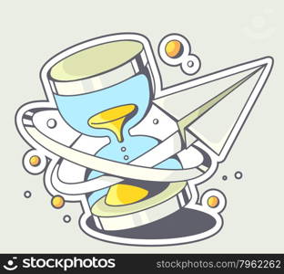 Vector illustration of paper plane flying around a blue sandglass on gray background. Hand draw line art design for web, site, advertising, banner, poster, board and print.