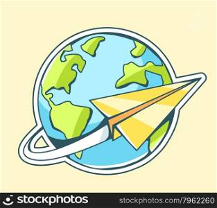 Vector illustration of paper plane flying around planet Earth on color background. Hand draw line art design for web, site, advertising, banner, poster, board and print.