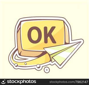 Vector illustration of paper plane flying around yellow button ok on color background. Hand draw line art design for web, site, advertising, banner, poster, board and print.