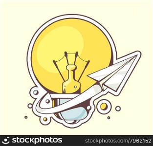 Vector illustration of paper plane flying around yellow lightbulb on color background. Hand draw line art design for web, site, advertising, banner, poster, board and print.