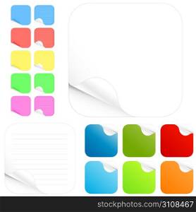 Vector illustration of paper stickers and pads in different colors with shadowed curl. Two main versions with lines and without in different colors. Rounded edges.