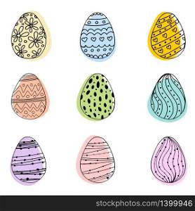 Vector illustration of pastel spring colors doodle egg with handdrawn ornament for Easter holidays design isolated on white background. Greeting card, invitation, poster, banner design. Egg icons for Easter holidays design isolated on white background.