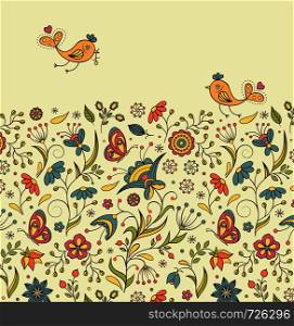 Vector illustration of pattern with abstract flowers and birds.Floral background